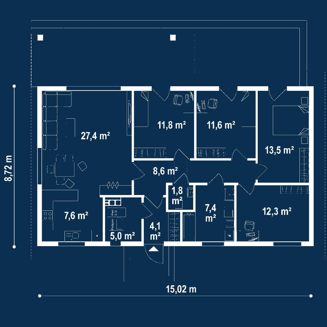 Plan parter Casă parter 106 mp utili, 4 dormitoare, o baie
