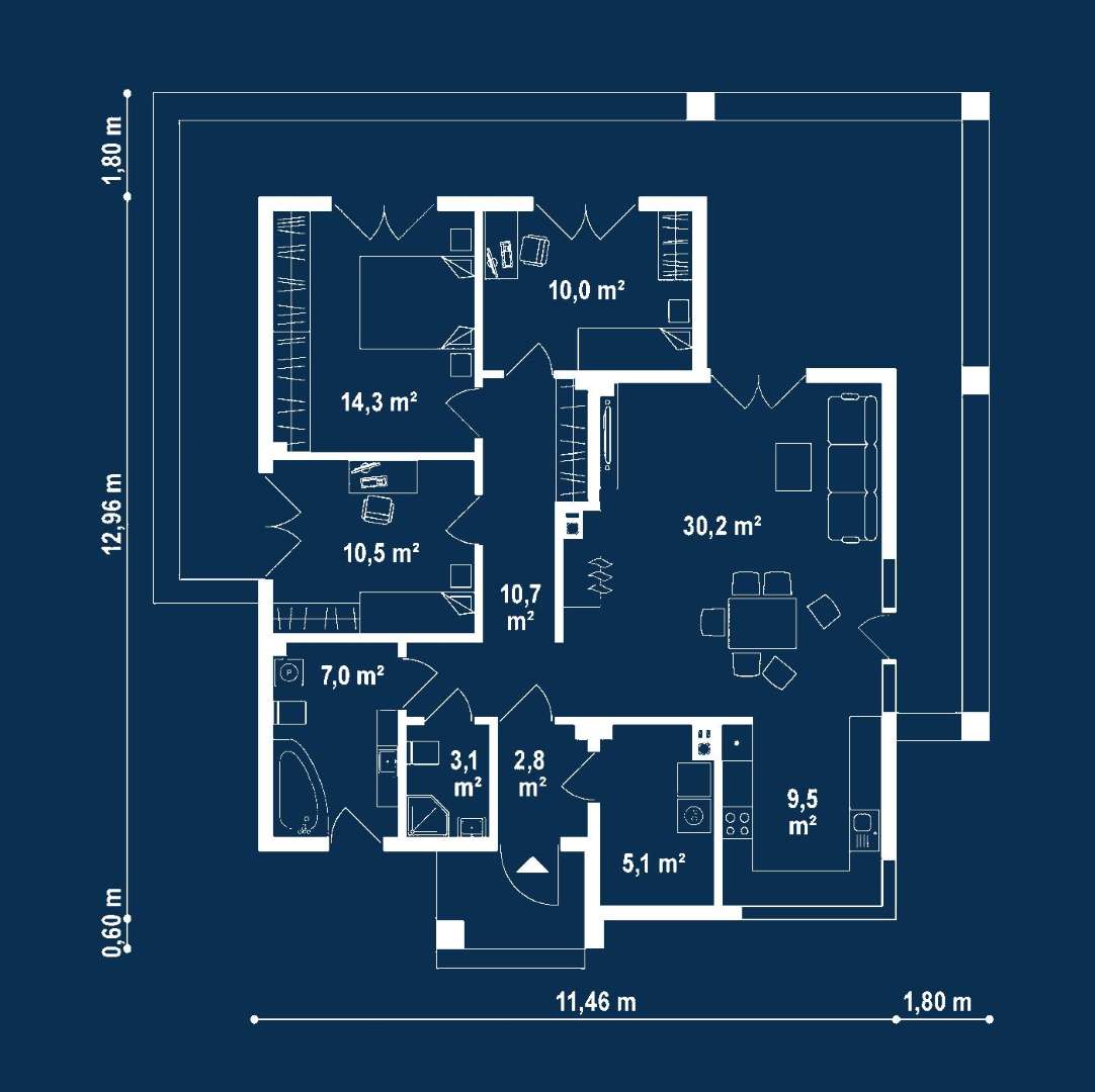 Plan parter Casă parter 98 mp utili, 3 dormitoare, 2 băi