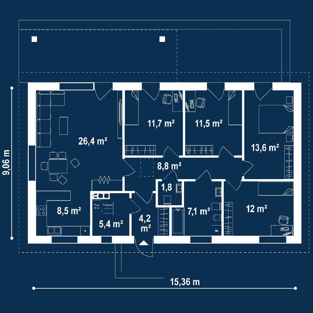 Plan parter Casă parter 105 mp utili, 4 dormitoare, o baie