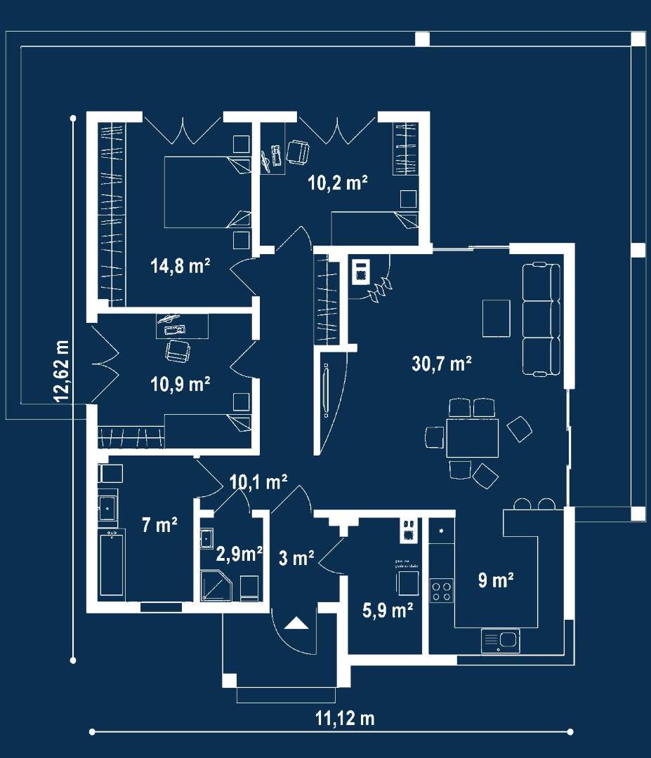 Plan parter Casă parter 98 mp utili, 3 dormitoare, o baie