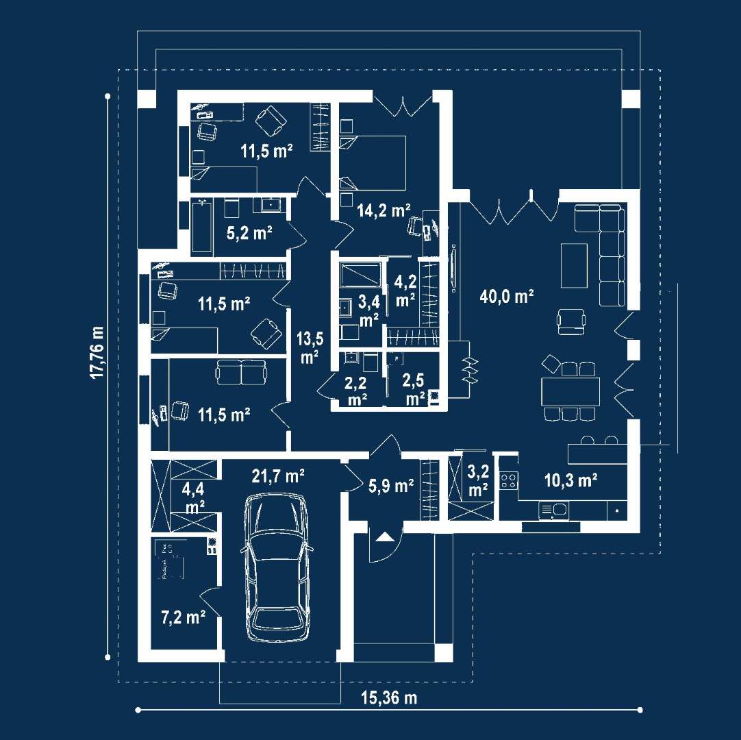 Plan parter Casă parter 138 mp utili, 4 dormitoare, 2 băi