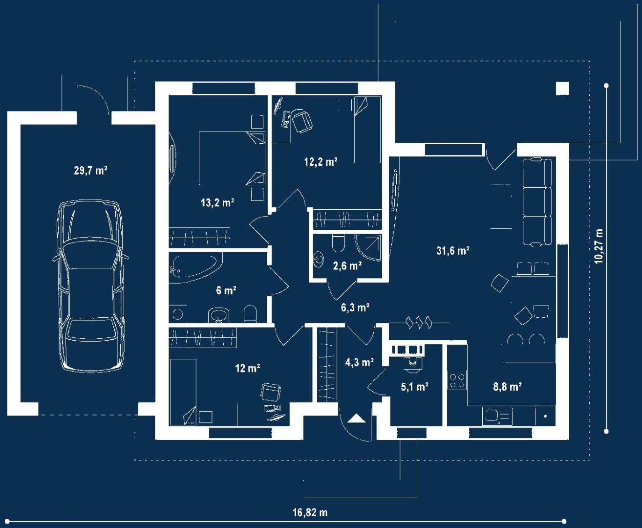 Plan parter Casă parter 97 mp utili, 3 dormitoare, 2 băi
