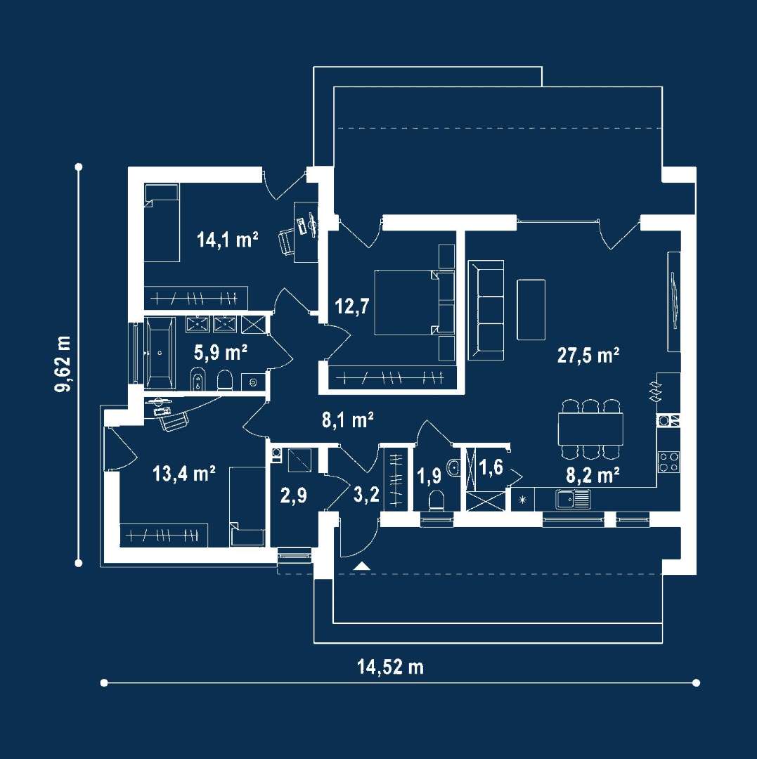 Plan parter Casă parter 96 mp utili, 3 dormitoare, o baie