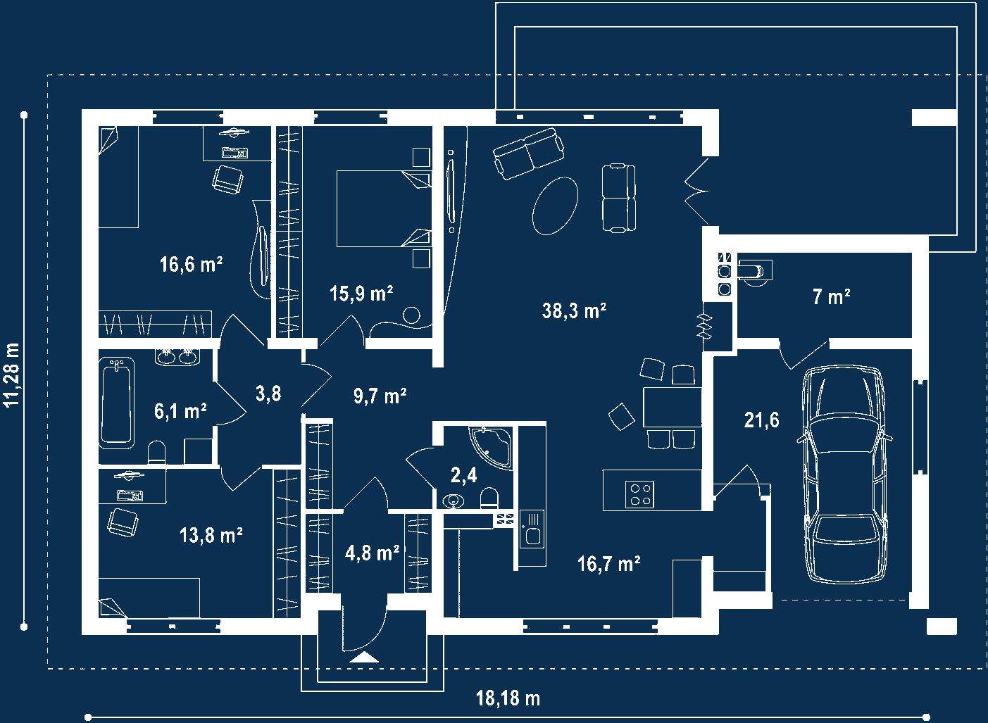 Plan parter Casă parter 130 mp utili, 3 dormitoare, o baie