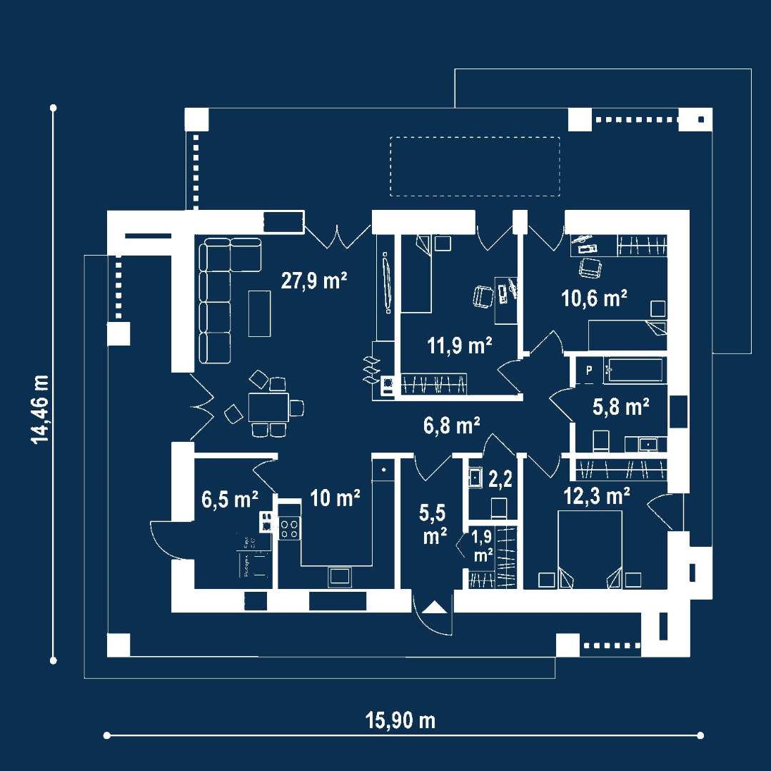 Plan parter Casă parter 94 mp utili, 3 dormitoare, o baie