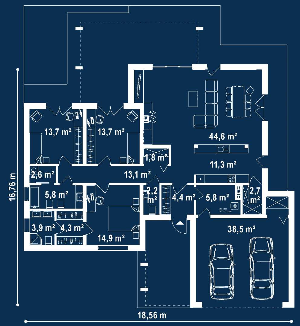 Plan parter Casă parter 144 mp utili, 3 dormitoare, 2 băi