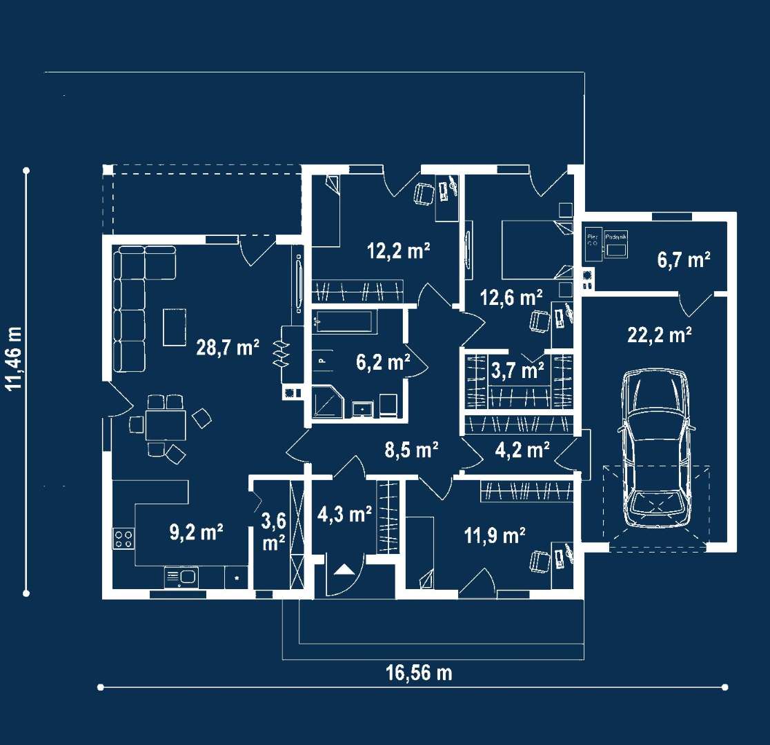 Plan parter Casă parter 105 mp utili, 3 dormitoare, o baie
