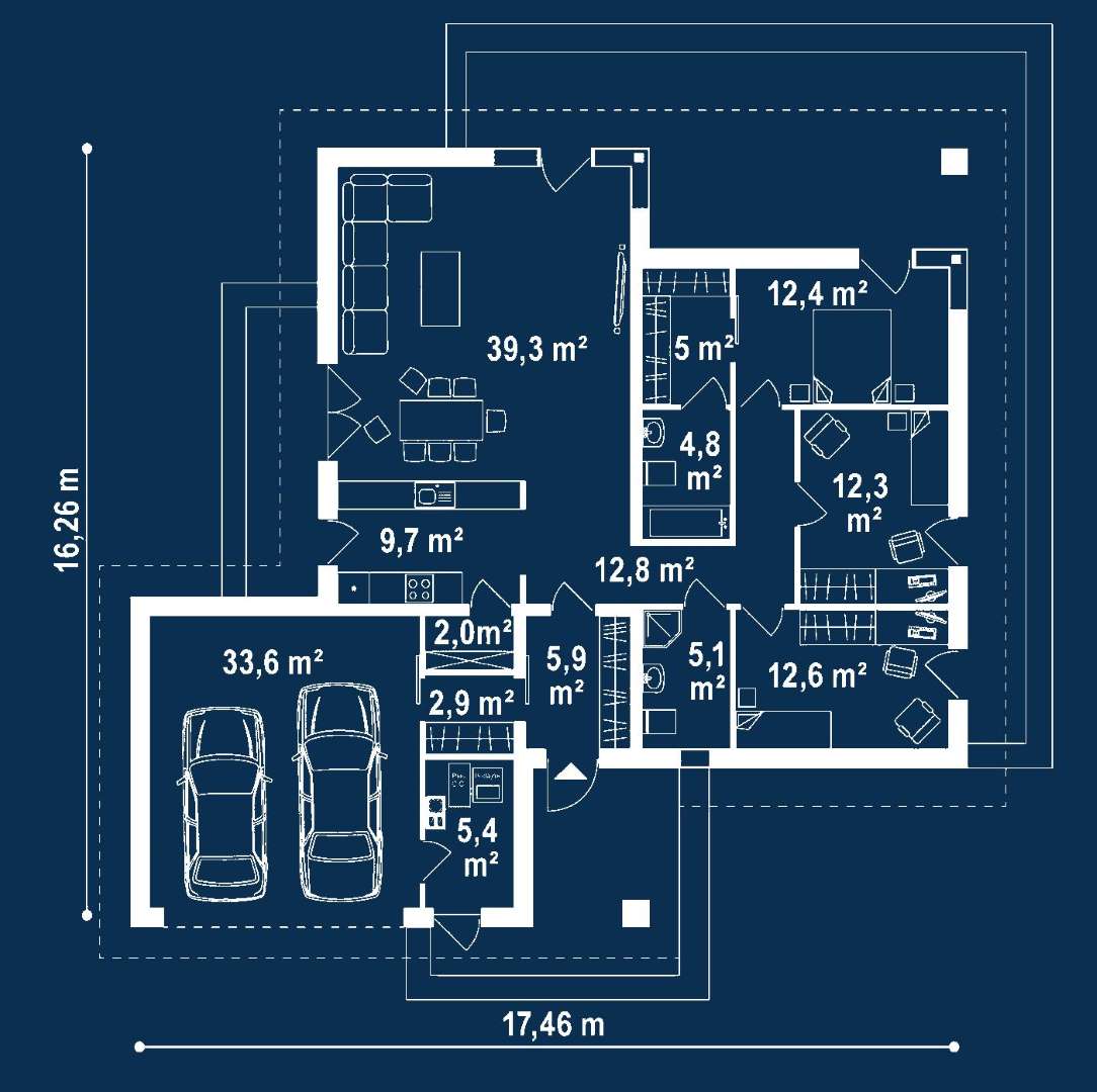Plan parter Casă parter 124 mp utili, 3 dormitoare, 2 băi
