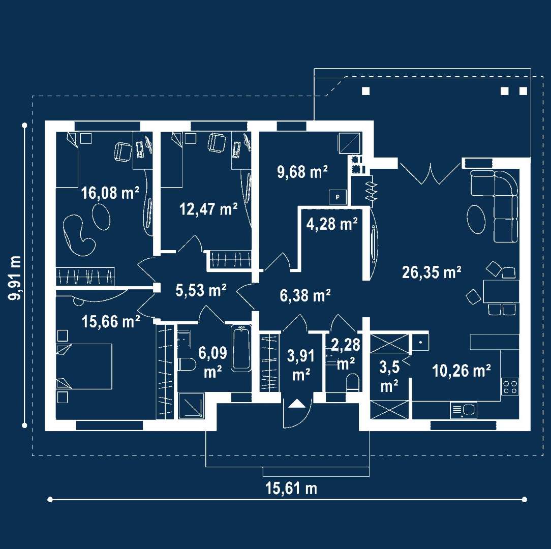 Plan parter Casă parter 112 mp utili, 3 dormitoare, o baie