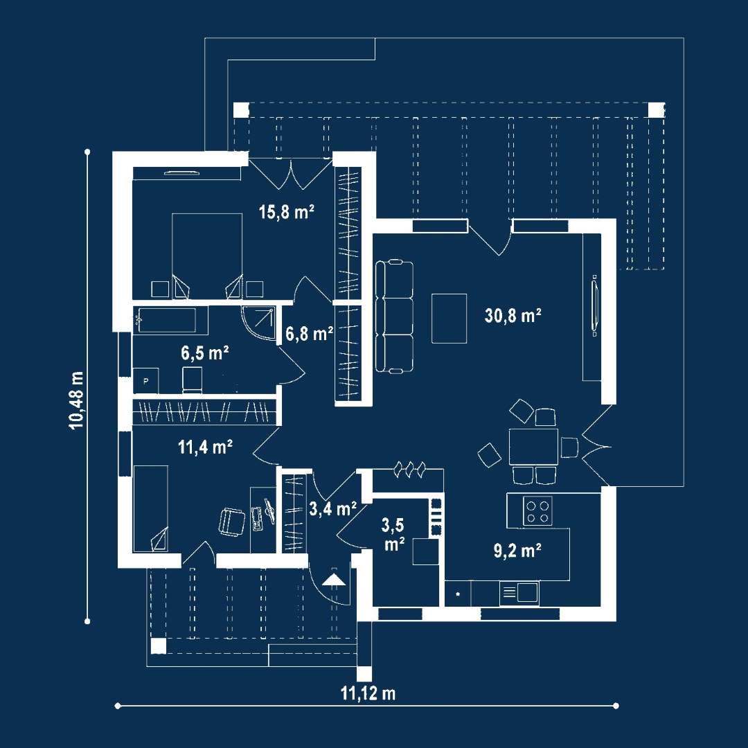 Plan parter Casă parter 83 mp utili, 2 dormitoare, o baie