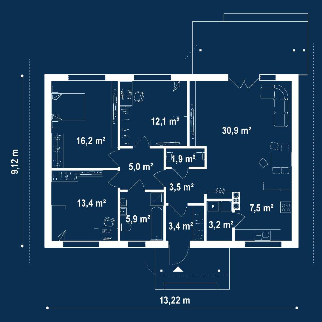 Plan parter Casă parter 99 mp utili, 3 dormitoare, o baie