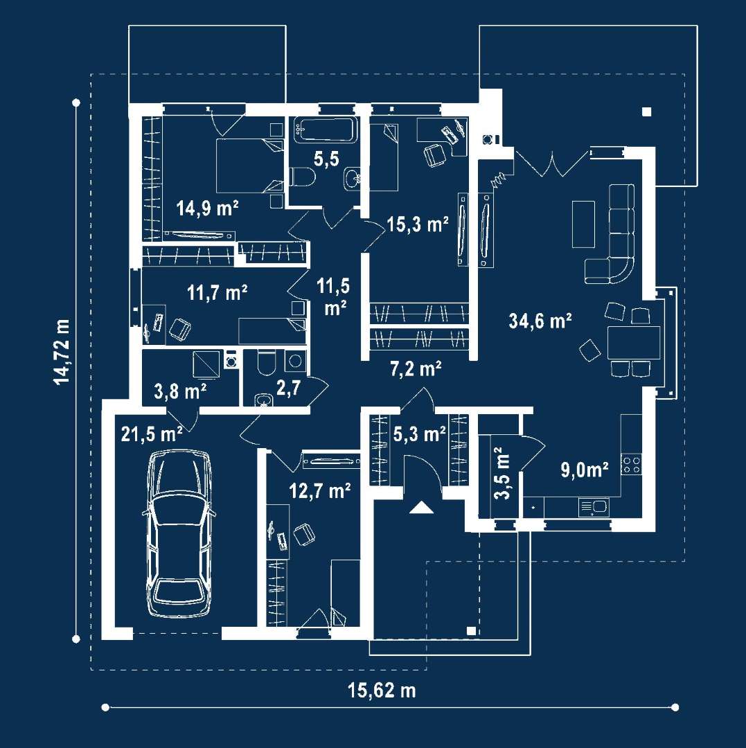 Plan parter Casă parter 133 mp utili, 4 dormitoare, o baie