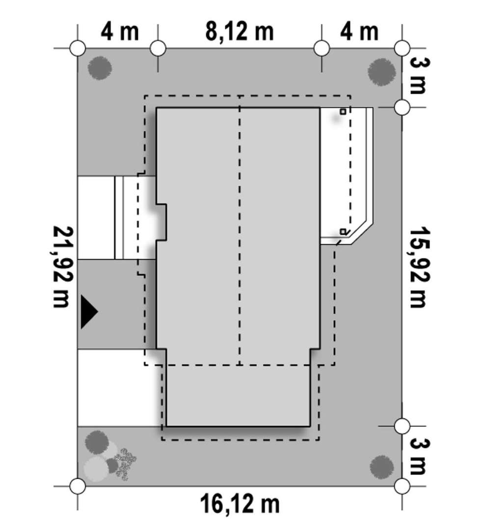 Plan amplasament Casă parter 79 mp utili, 3 dormitoare, o baie