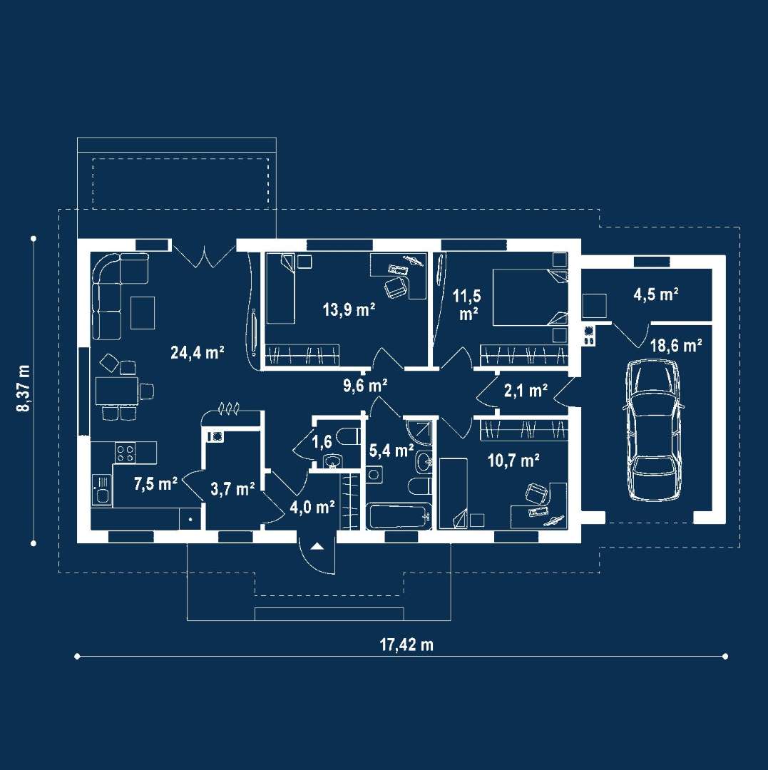 Plan parter Casă parter 92 mp utili, 3 dormitoare, o baie