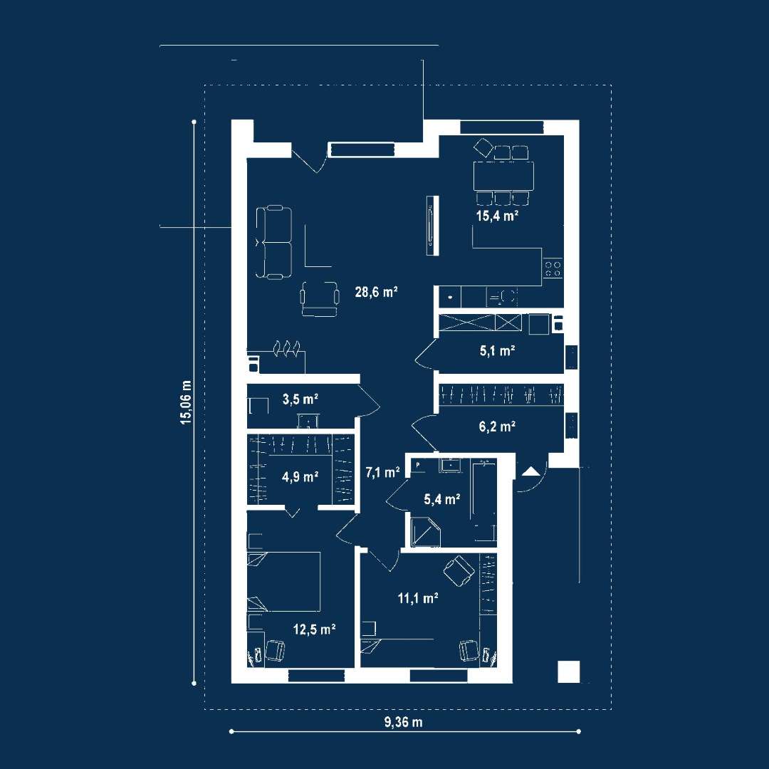 Plan parter Casă parter 94 mp utili, 2 dormitoare, o baie
