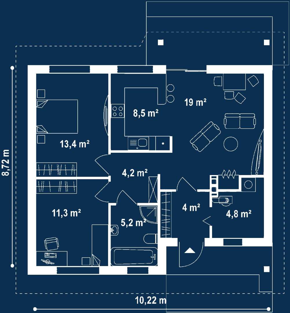 Plan parter Casă parter 66 mp utili, 2 dormitoare, o baie