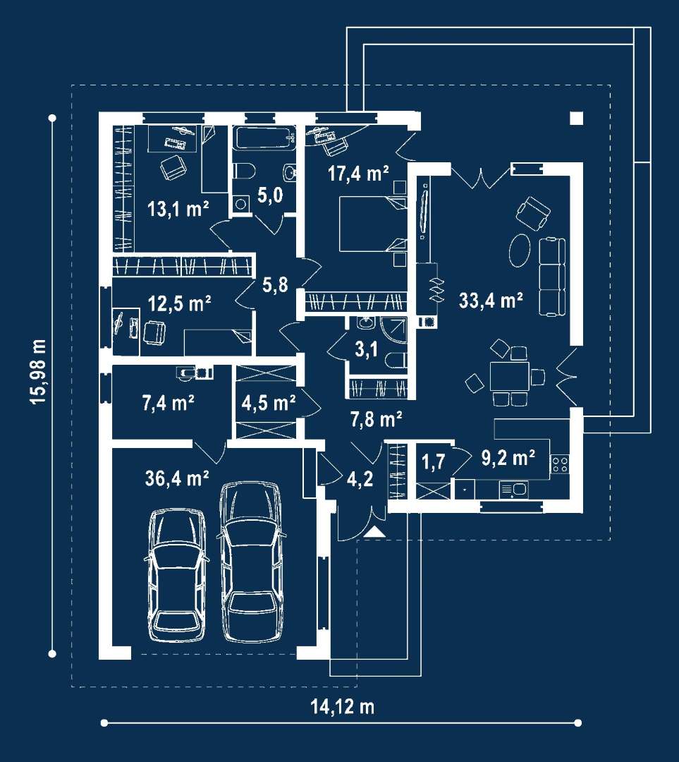 Plan parter Casă parter 117 mp utili, 3 dormitoare, 2 băi