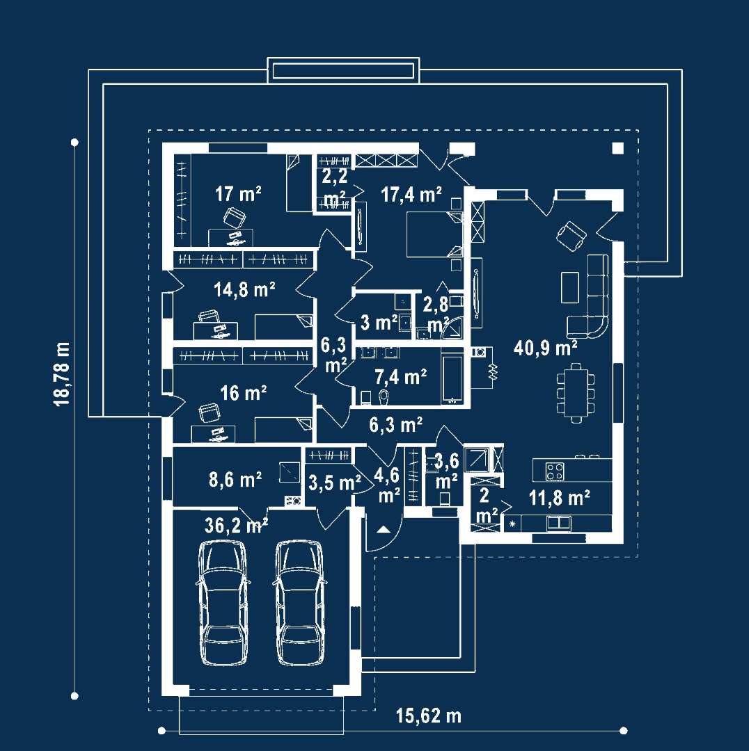 Plan parter Casă parter 159 mp utili, 4 dormitoare, 2 băi