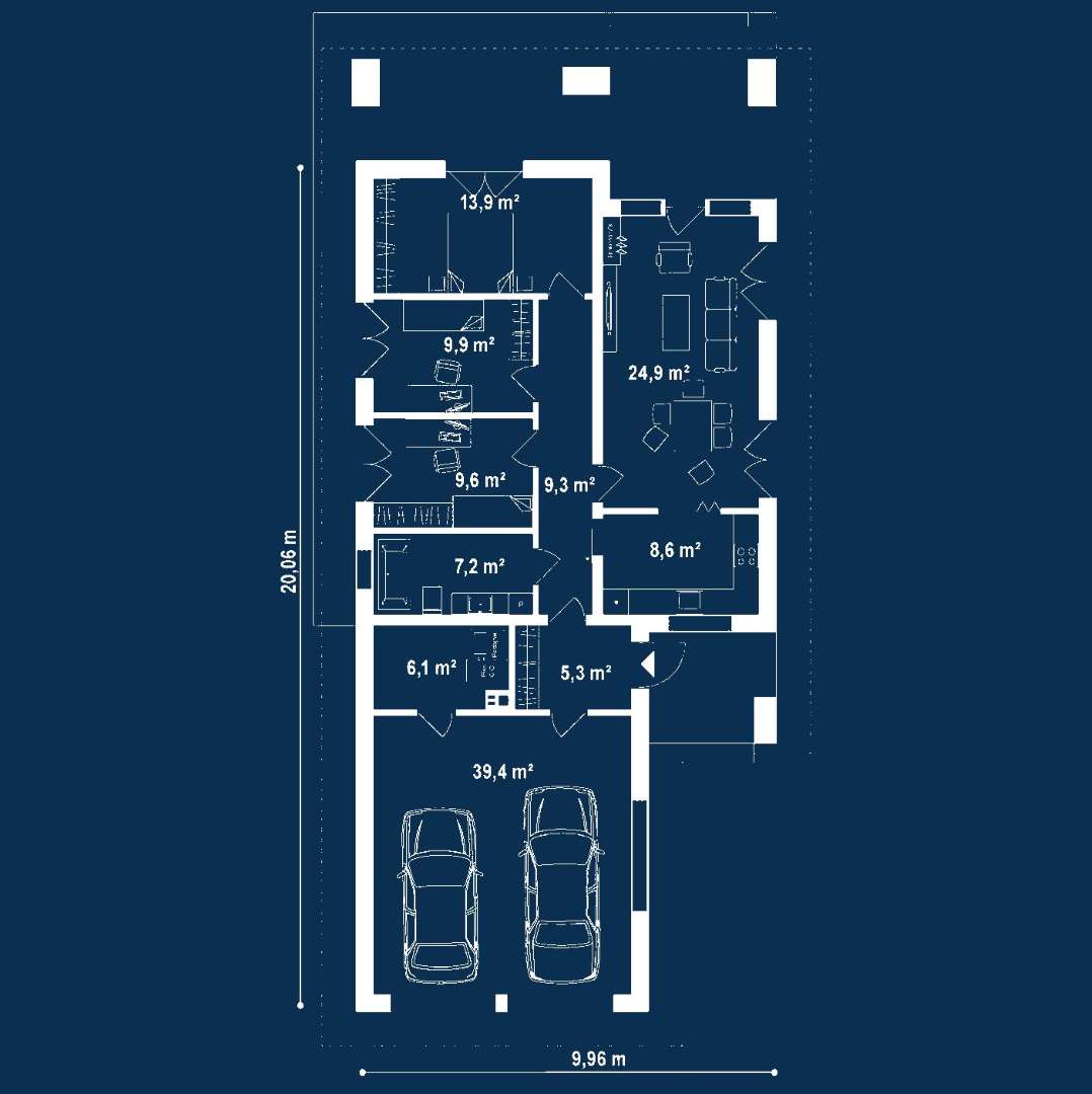 Plan parter Casă parter 88 mp utili, 3 dormitoare, o baie