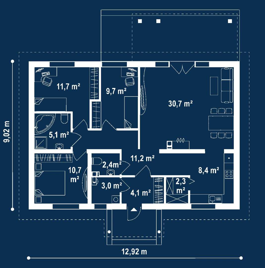 Plan parter Casă parter 96 mp utili, 3 dormitoare, o baie
