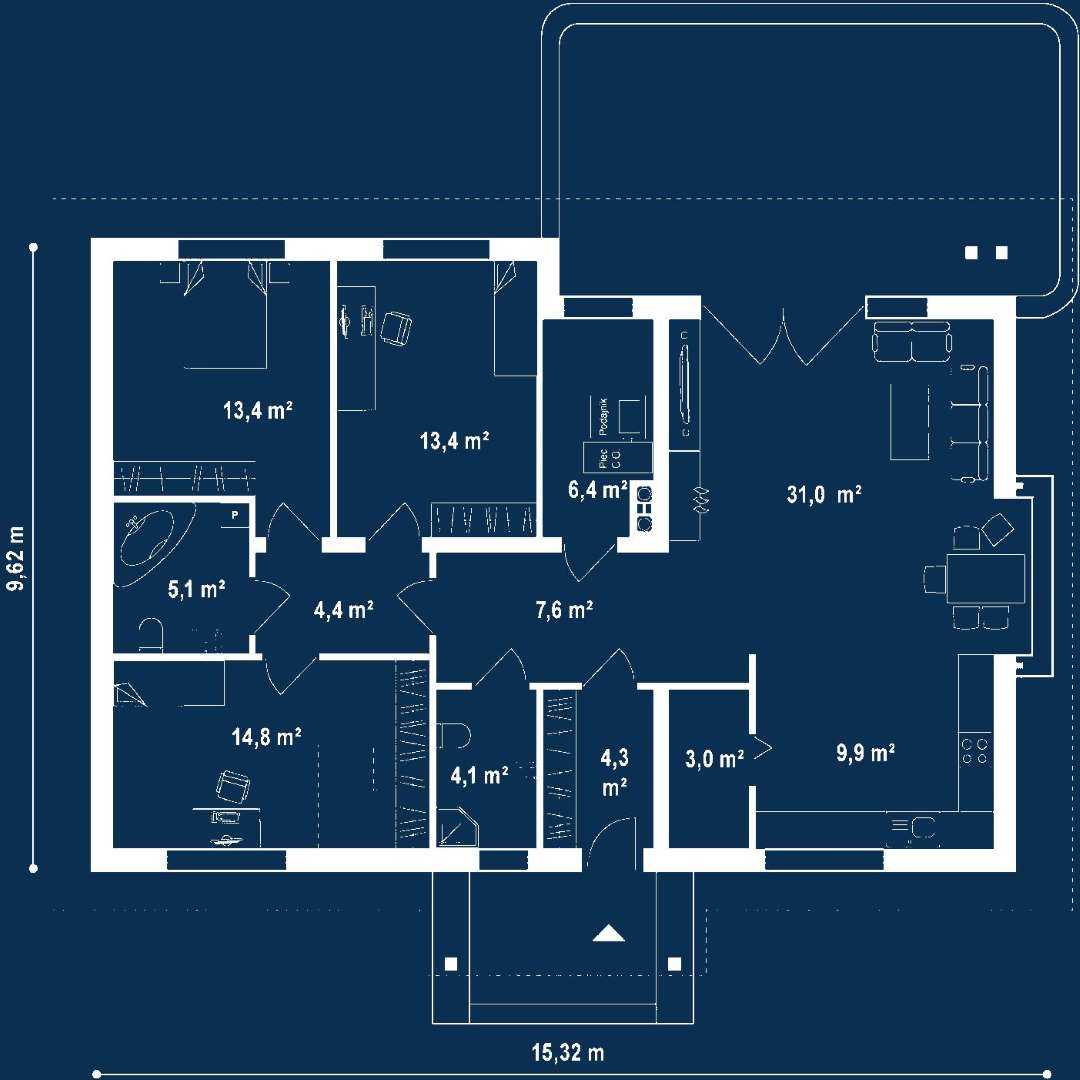 Plan parter Casă parter 111 mp utili, 3 dormitoare, o baie