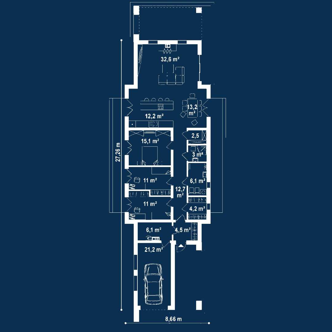 Plan parter Casă parter 134 mp utili, 3 dormitoare, o baie