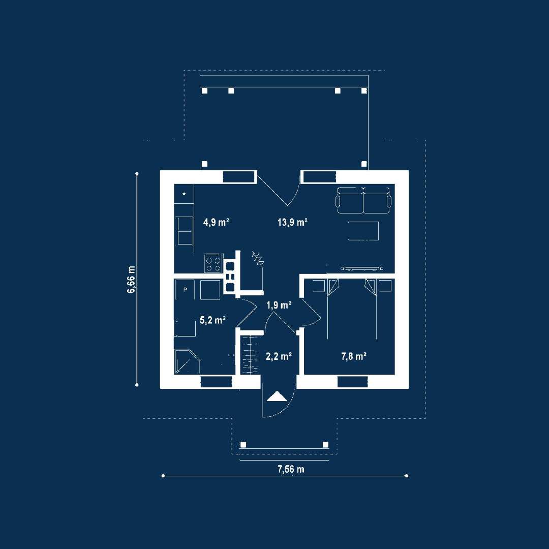 Plan parter Casă parter 35 mp utili, un dormitor, o baie