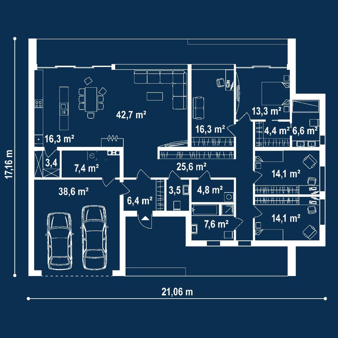 Plan parter Casă parter 179 mp utili, 3 dormitoare, 2 băi