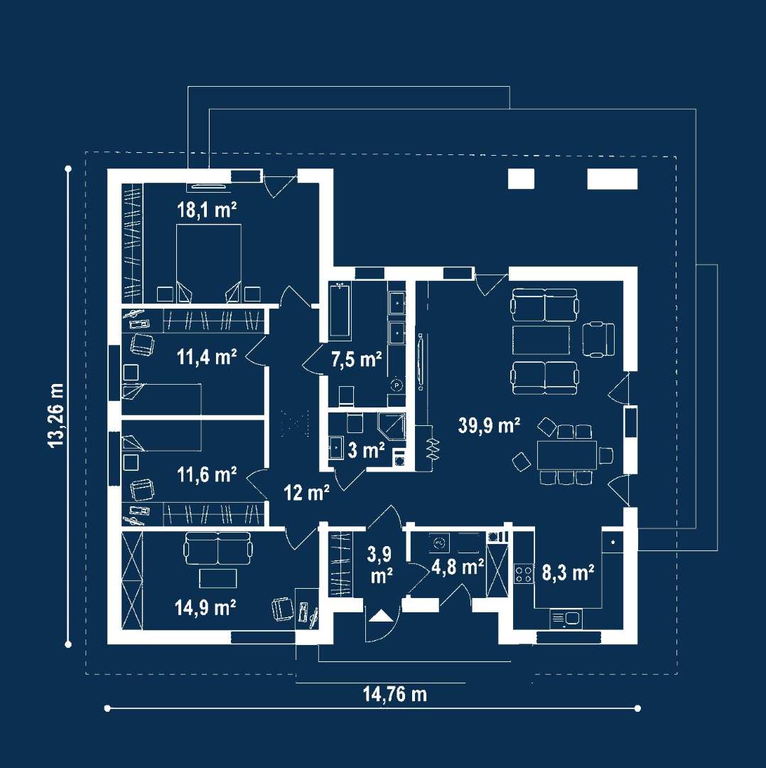 Plan parter Casă parter 130 mp utili, 3 dormitoare, 2 băi
