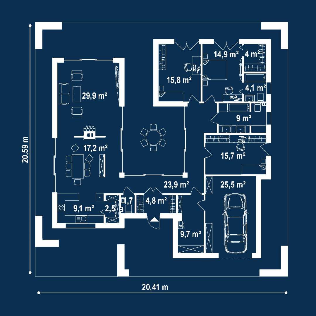 Plan parter Casă parter 162 mp utili, 3 dormitoare, 2 băi