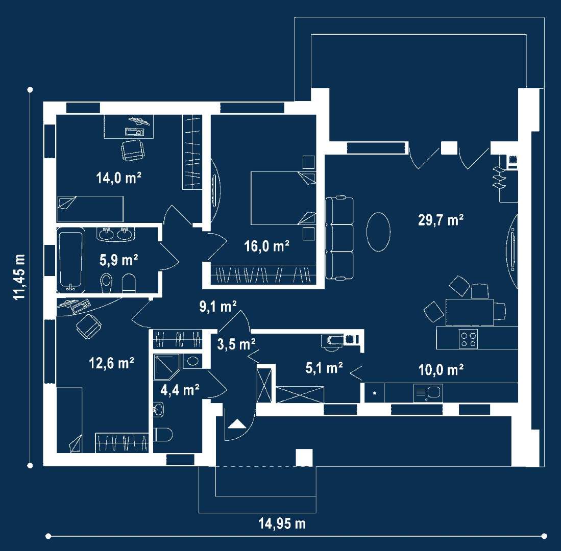 Plan parter Casă parter 105 mp utili, 3 dormitoare, 2 băi