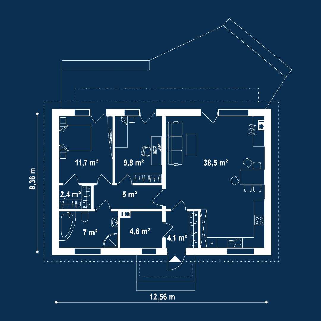 Plan parter Casă parter 78 mp utili, 2 dormitoare, o baie