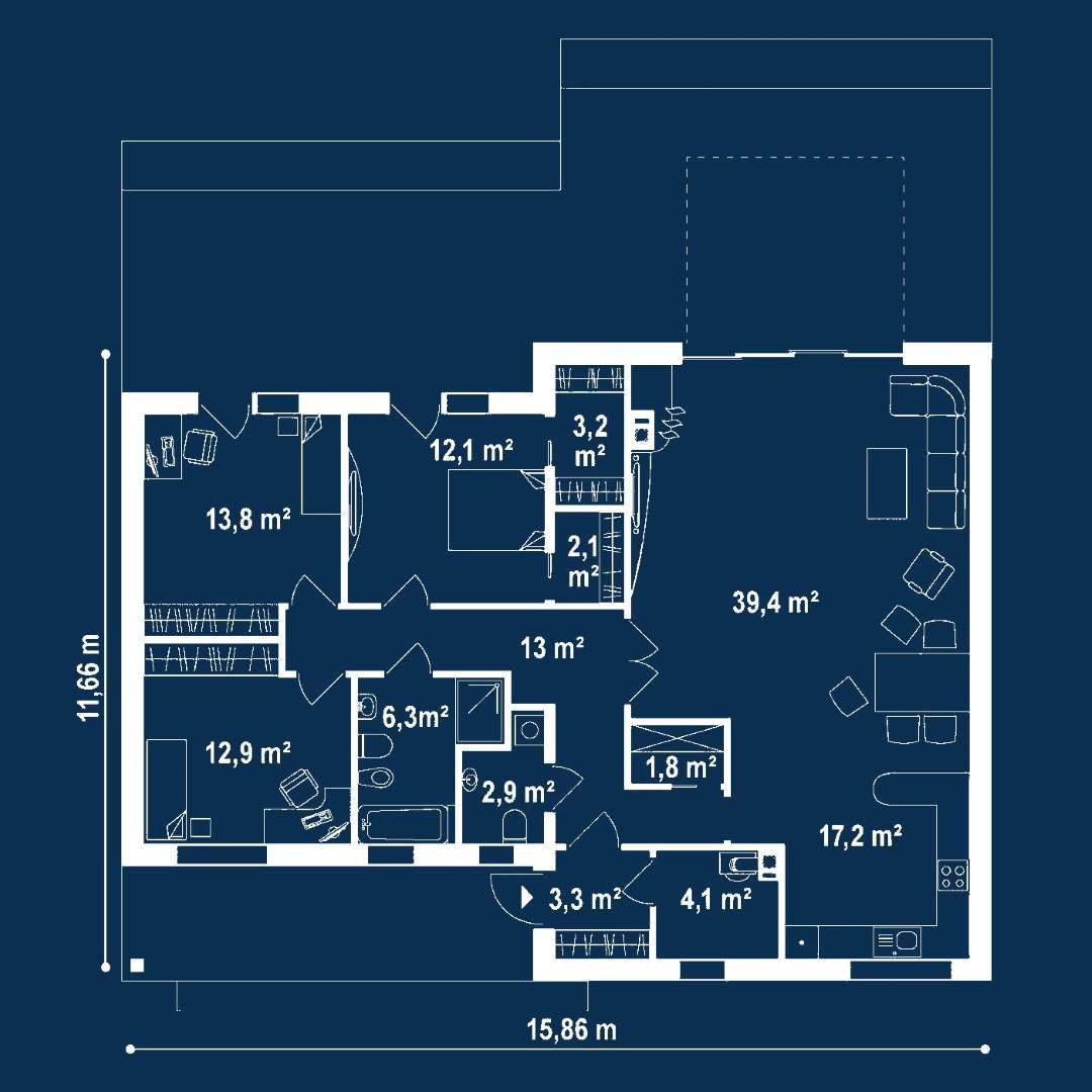 Plan parter Casă parter 132 mp utili, 3 dormitoare, 2 băi