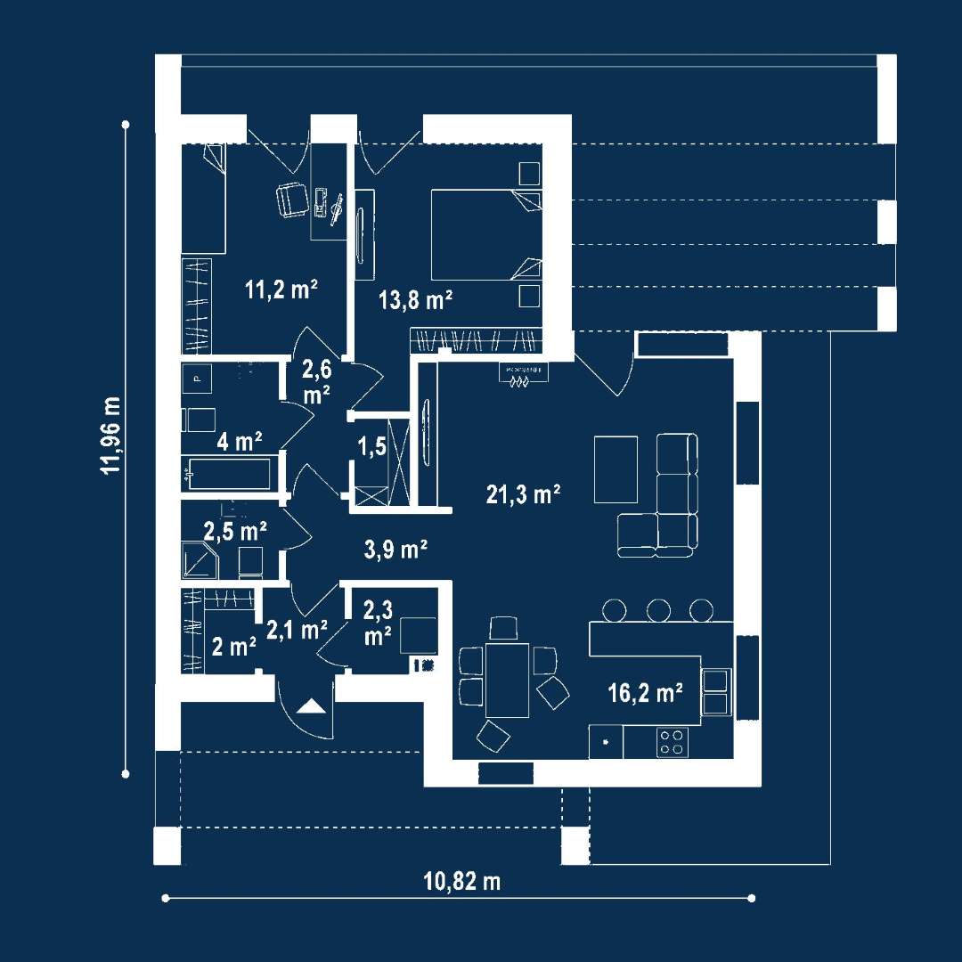 Plan parter Casă parter 81 mp utili, 2 dormitoare, 2 băi