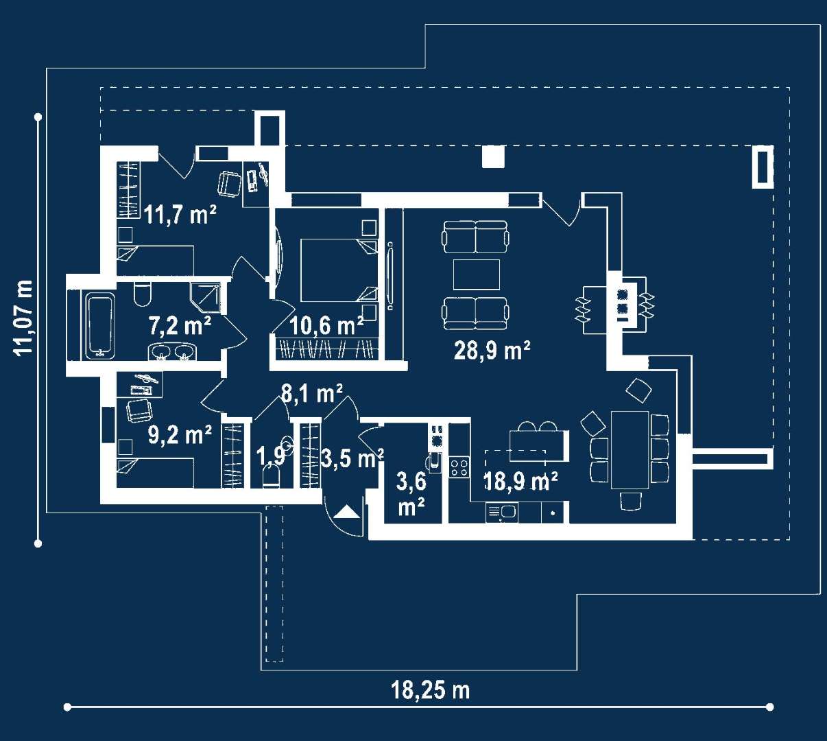Plan parter Casă parter 103 mp utili, 3 dormitoare, o baie