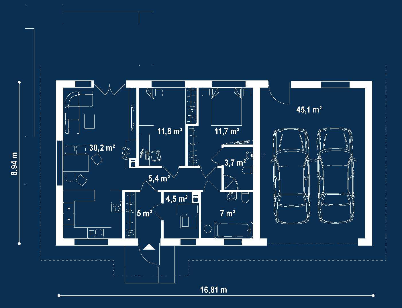 Plan parter Casă parter 79 mp utili, 2 dormitoare, 2 băi