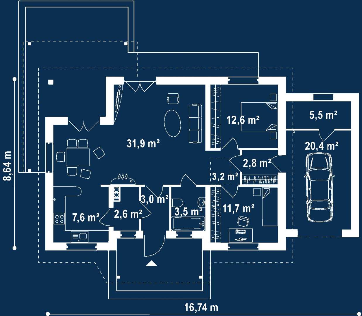 Plan parter Casă parter 78 mp utili, 2 dormitoare, o baie