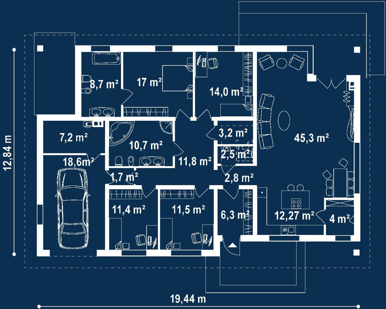 Plan parter Casă parter 163 mp utili, 4 dormitoare, 2 băi