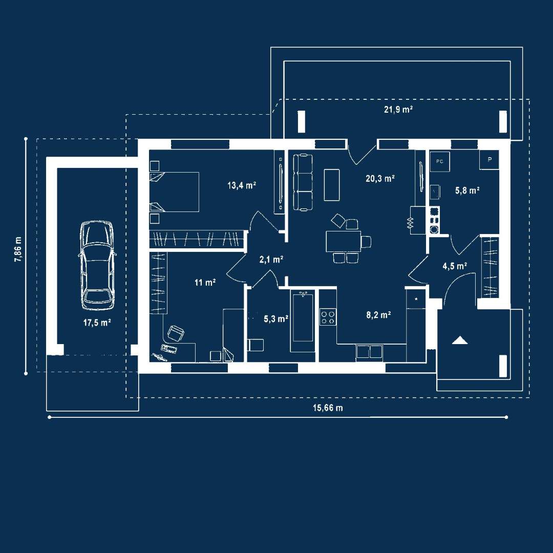 Plan parter Casă parter 64 mp utili, 2 dormitoare, o baie