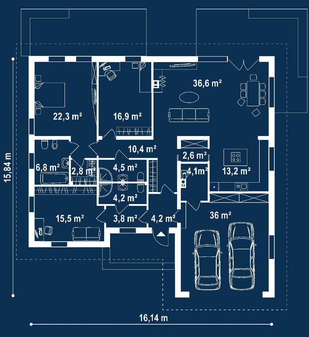 Plan parter Casă parter 147 mp utili, 3 dormitoare, 3 băi