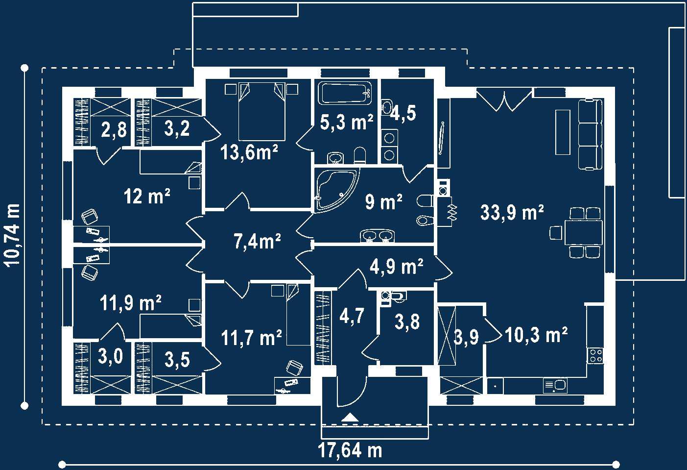 Plan parter Casă parter 149 mp utili, 4 dormitoare, o baie
