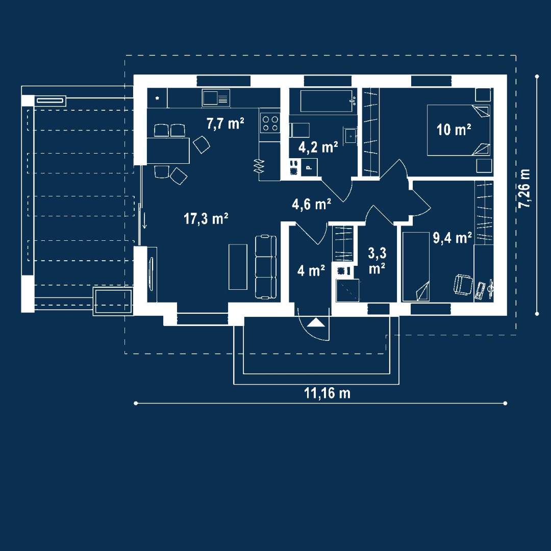 Plan parter Casă parter 57 mp utili, 2 dormitoare, o baie