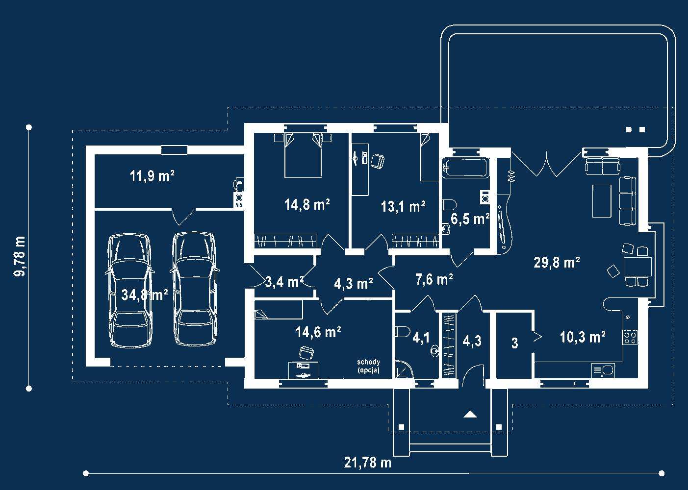Plan parter Casă parter 115 mp utili, 3 dormitoare, o baie