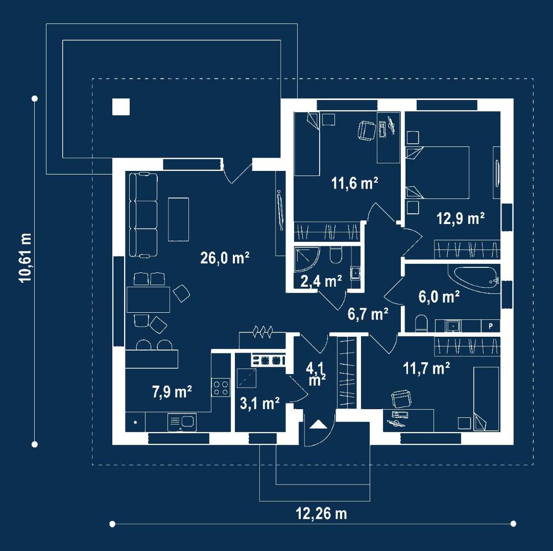 Plan parter Casă parter 89 mp utili, 3 dormitoare, 2 băi