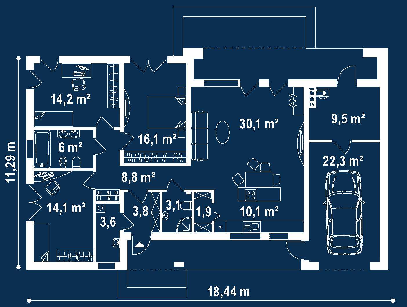 Plan parter Casă parter 111 mp utili, 3 dormitoare, 2 băi