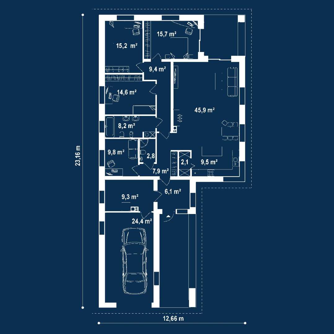 Plan parter Casă parter 147 mp utili, 3 dormitoare, 2 băi