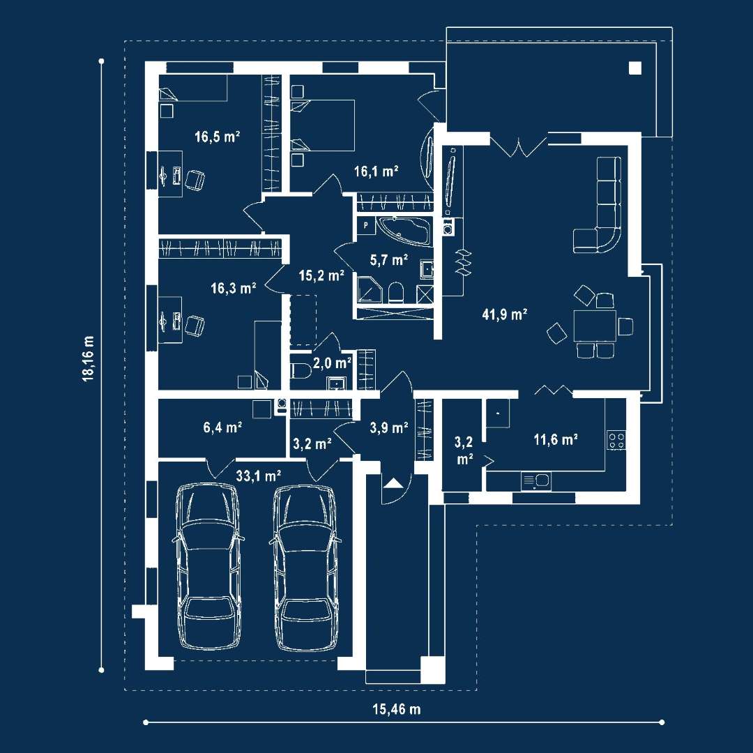 Plan parter Casă parter 135 mp utili, 3 dormitoare, o baie