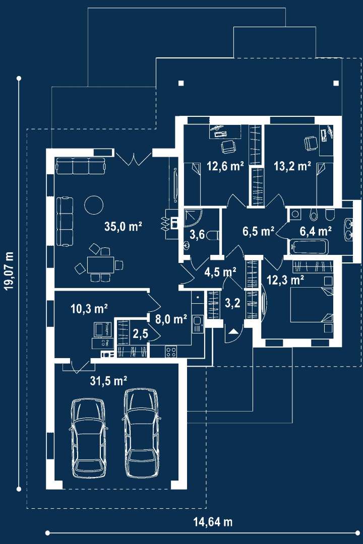 Plan parter Casă parter 118 mp utili, 3 dormitoare, 2 băi