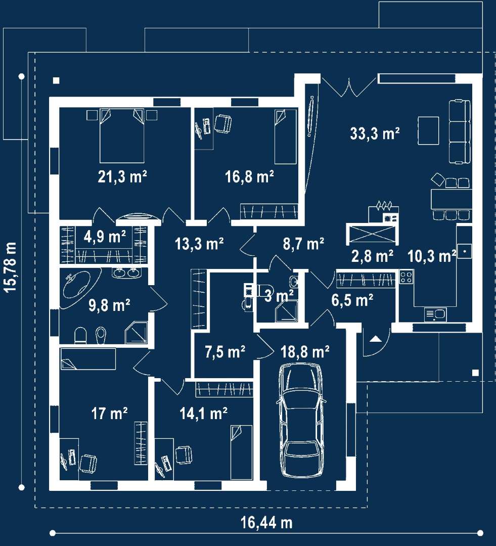 Plan parter Casă parter 159 mp utili, 4 dormitoare, 2 băi