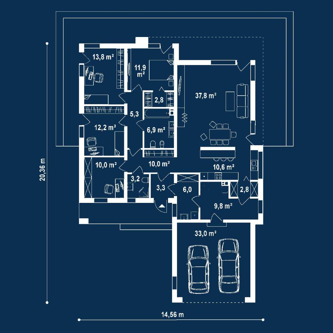 Plan parter Casă parter 136 mp utili, 3 dormitoare, 2 băi